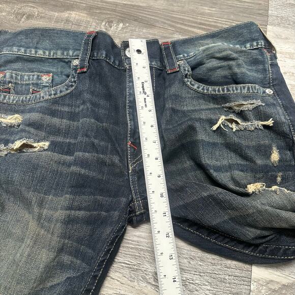 True Religion Dark Faded‎ Blue Mens 38 Distressed Straight Jeans Cybergrunge Y2K - Picture 10 of 12
